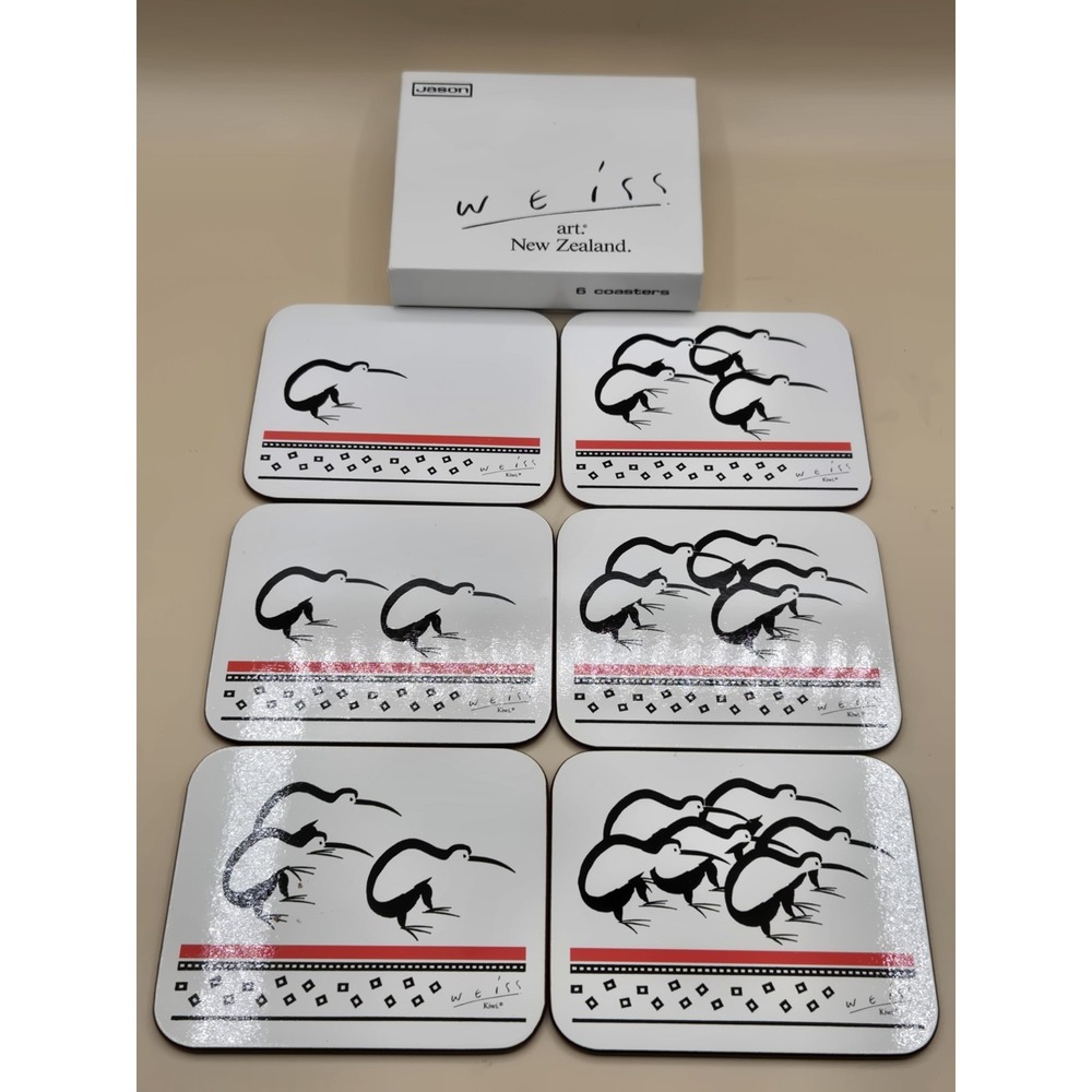 Weiss Art New Zealand Coasters Kiwi Bird Design Set of 6 Jason Cork Acrylic
